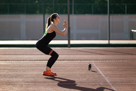 Athlete doing exercises on running track. Woman runner stretching leg muscles young adult sporty...