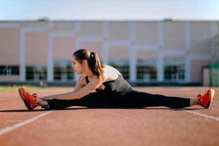 The athletic woman sat down on the splits to warm up before the evening training session at the city stadium. Runner training outdoors, the concept of a healthy lifestyleの写真素材