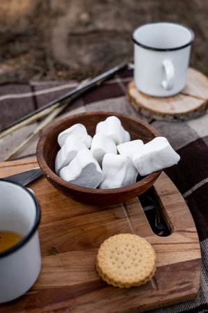 Marshmallows, cookies and tea in mugs served on a tree stump in the woods. Picnic, verticalの写真素材