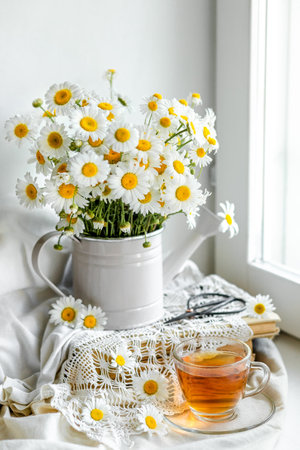 Camomile tea on the background of a bouquet of chamomile. Verticalの写真素材