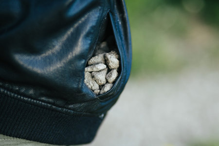 A pocket full of stones for a child in a black jacket, collected outdoorsの写真素材