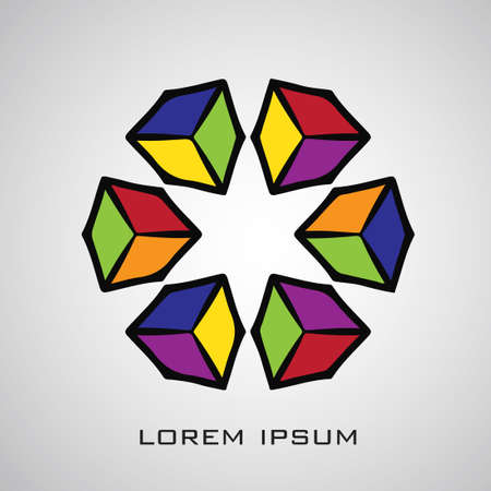 Vector hand drawn design template. Six colorful cubes located in a circle. Creative concept icon.のイラスト素材