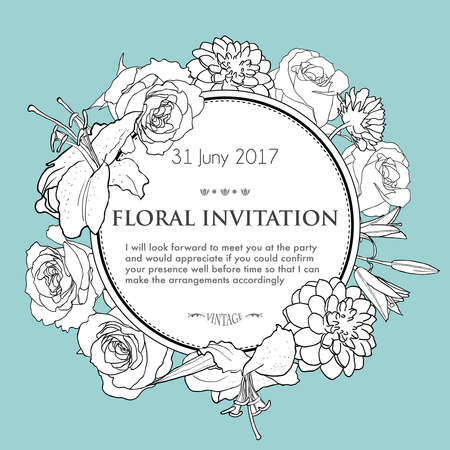 Foral background for wedding, birthday, invitation. Vector hand drawn illustration with lily, rose, dahliaのイラスト素材