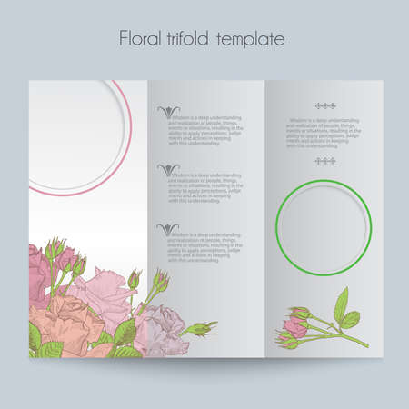 Floral roses template, tri-fold, mockup for brochure, menu, wedding, birthday card, valentins day. Vector hand drawn illustration in vintage technique.のイラスト素材