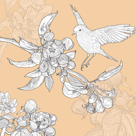 Vintage Floral Greeting Card with Bird and Blooming Apple on Beige Background. Vector Illustration with Place for Your Text. Hand Drawn Botanical Style.のイラスト素材