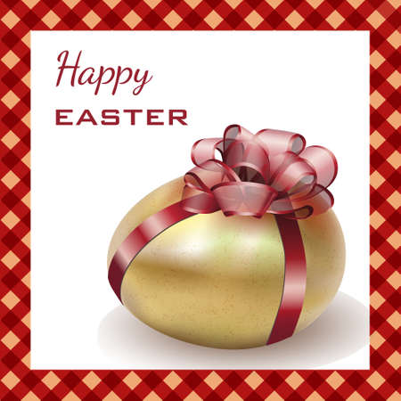 Easter gold egg with red ribbons, isolated on white with realistic shadow. Easter card. Vector illustration.のイラスト素材