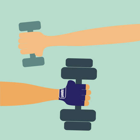 Men and woman hands hold dumbbells. Vector colorful illustration in flat design.のイラスト素材
