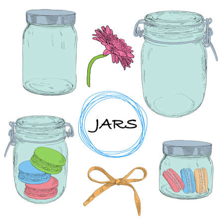 Vector set hand drawn jars. Vintage colorful illustration with jars, cookies, bow and flower.のイラスト素材