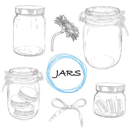 Vector set hand drawn jars. Vintage illustration with jars, macarons, bow and flower.のイラスト素材