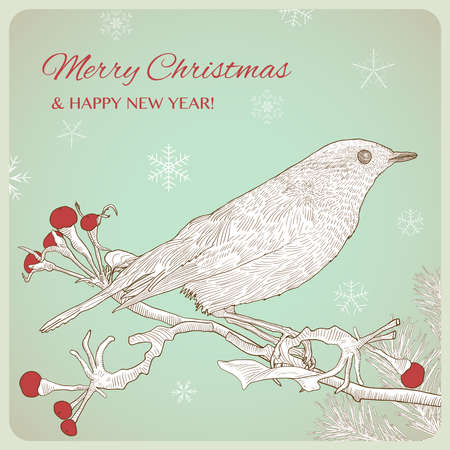 Hand drawn Christmas greeting card with bird sitting on twigs. Vintage vector illustration.のイラスト素材