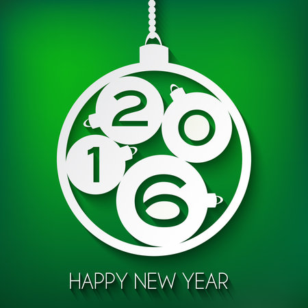 Happy New Year 2016 greeting card. Green Paper Vector illustration with mild shadow. Four little numbered balls inside a big ball.のイラスト素材