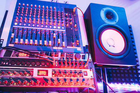 Sound mixer for dj, sound producer or radio broadcast. Equipment for audio effects.