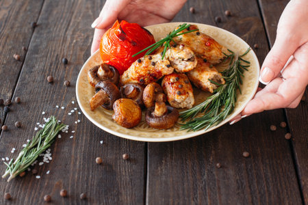 Waiter serving a shish kebab with tomato and mushrooms. Chief decorating food for presentation in...