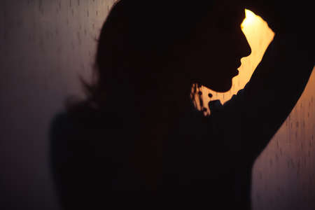 Dark contour profile of indian woman on sunset. Profile of indian woman against back light background. Indian girl standing on sunset.の写真素材