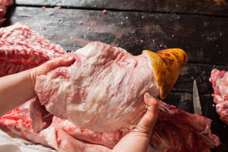 Meat retail of pork leg in farm market. Meat retail in local market. Top view of pork leg in  butchery.の写真素材
