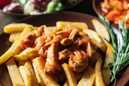French fries with meat close-up. Portion of French fries with pork. Served table with food on...