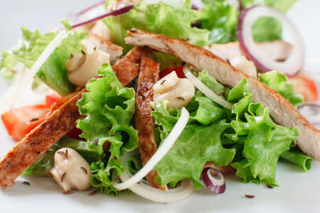 Chicken salad with mushrooms and onion close-up. Portion of salad of lettuce, grilled chicken, mushrooms, onion and cumin seeds on white backgroundの写真素材
