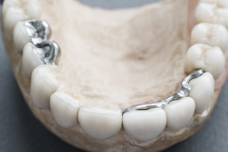 Gypsum jaw with ceramic dentures closeup. Example of dental implantation work. Extreme closeup of...