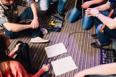 Music Band Training Song Discussion Teamwork Youth Backstage Lifestyle Rehearsing Conceptの写真素材