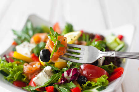 Food Eating Salad Salmon Fork Recipe Cuisine Snack Tasting Conceptの写真素材