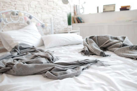 Bed Mess Awakening Bedroom Lovers Morning Unmade Hotel Insomnia Conceptの写真素材