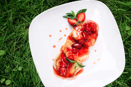 Pancakes with strawberry jam on white plate in park on green grass background. Summer picnic dessert. Bright colorful photo of sweet snack top viewの写真素材