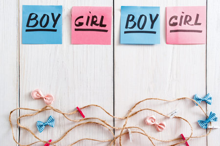 Colorful stickers with text and garland, flat lay. Greeting composition for newborn babies on white wooden background, copy space. It's a girl and boy twins conceptの写真素材