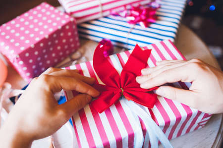 Gift Wrapping Surprise Holiday Christmas Decoration Handmade Conceptの写真素材