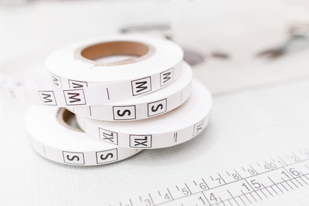 Several size tag tapes on white background. Close-up of clothes proportions rolls. Professional...