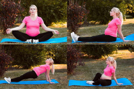 Set of pregnant yoga exercises at nature. Expectant fitness coach shows best workout for women before labour. Physical training, health and body care conceptの写真素材