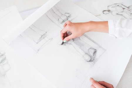 Aspiring artist learning to draw details, free space. Student painter training to sketch face parts. Art school, education, study, creativity conceptの写真素材