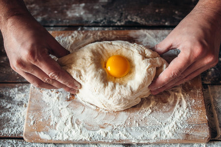 Baker hands preparing khachapuri on kitchen table. Top view on cook making traditional georgian treat with raw dough and egg. Culinary, cooking, recipe conceptの写真素材