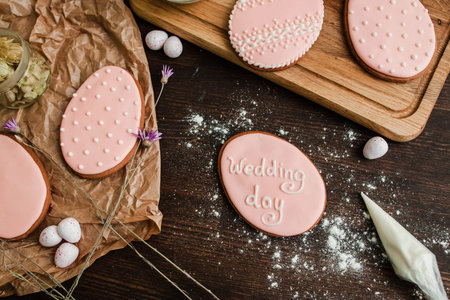 Decorated pink wedding cookies with white icing on wooden table top view.