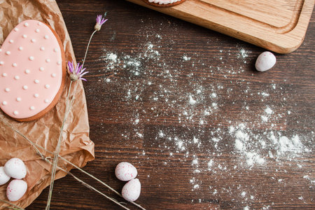Close up of baking concept background. Wooden table powdered with flour.の写真素材