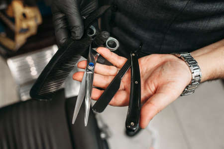 Barbershop Instrument Scissors Razor Brush Hair Style Care Beauty Grooming Conceptの写真素材