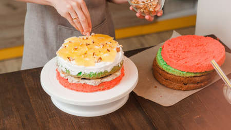 Masterclass of preparing color biscuit cake with white cream and oranges on wood kitchen table. Culinary blogger making creative birthday cake. Cuisine, good housewife, colorful festive food conceptの写真素材
