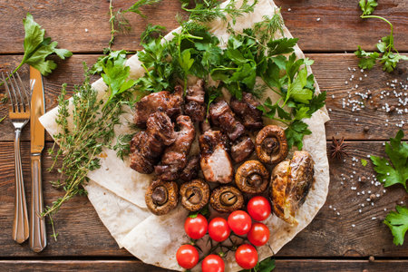 Shish-kebab with grilled vegetables on lavash. Meat, field mushrooms and cherry tomatoes with herbs, barbecue and natural food preparing in restaurant, top viewの写真素材