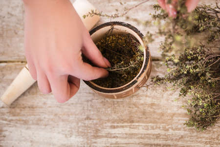 Traditional alternative medicine. Medical therapy. Ecology background top view, healthy ingredient preparationの写真素材
