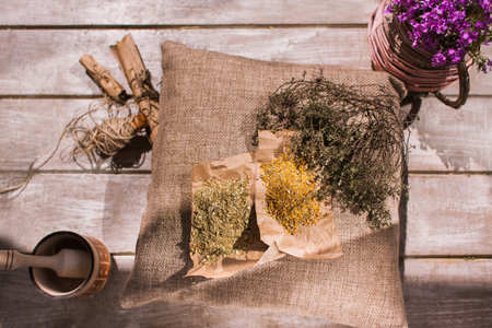 Medicine. Flower ingredients with natural herb. Homemade alternative medical drug, pharmaceutics...