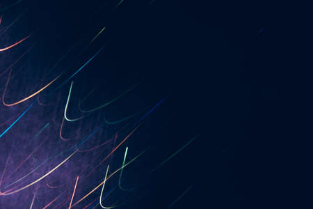 Abstract background of colorful bends in motion on black. Bokeh of defocused curves, blurred neon rainbow leds, festive ofr business backdrop of serpentine, holidays and celebrationsの写真素材