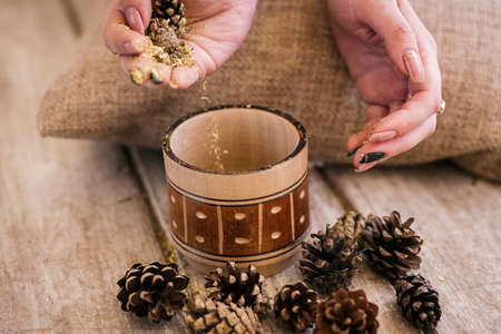 Homeopathic healthy medicine preparation closeup. Ecology background, medical therapy ingredient process, health care conceptの写真素材