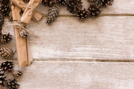 Pine cone decorative Christmas background with free space. Festive new year preparation top view, homeopathy therapy, quackery conceptの写真素材