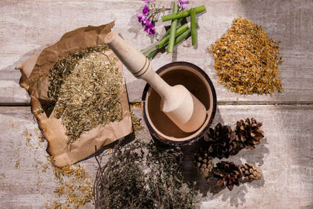 Alternative medicine. Medical herb ingredients. Preparation for natural drug, homemade pharmacy on wooden background top viewの写真素材