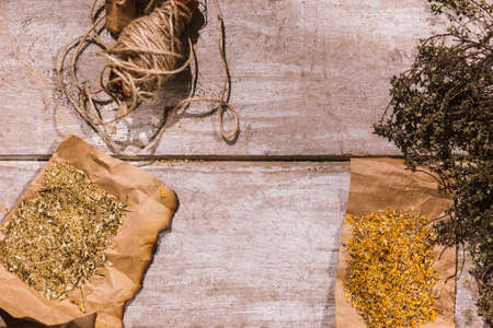 Medical infusions preparation background top view. Quackery with free space closeup, homemade pharmacy, folk medicine conceptの写真素材