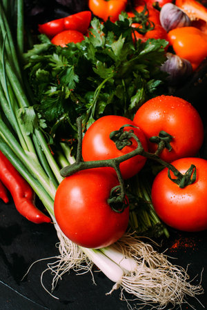 Vegetable food organic scallion tomato background vegetarian concept