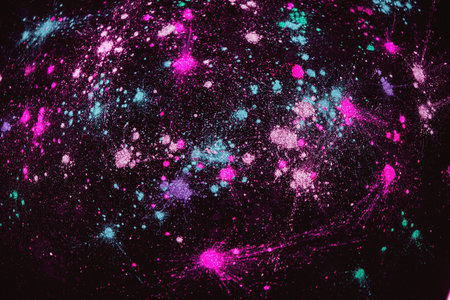 Colorful powdery star in space splashes, top view. Professional abstract pigment cosmetics background and colourants for creative make upの写真素材