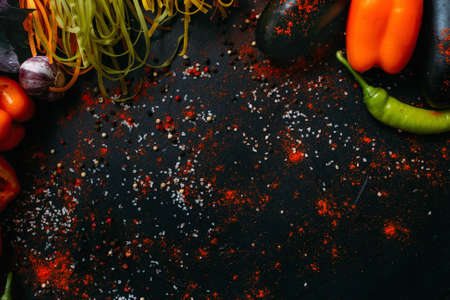 Vegetable food organic pepper garlic pasta background vegetarian conceptの写真素材