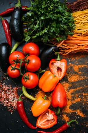 food organic vegetable tomato parsley pepper eggplant pasta conceptの写真素材