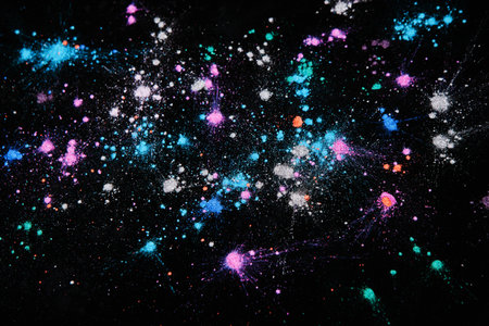 Colorful powdery star in space splashes, top view. Professional abstract pigment cosmetics background and colourants for creative make upの写真素材
