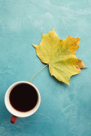 Be warm with black coffee in autumn. Maple leaf on blue backgroundの写真素材